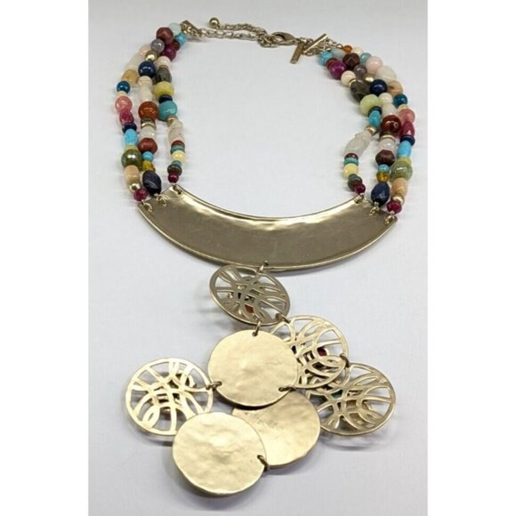 Chico's Huge Chunky Multi Strand Multi Color Stone Gold Tone Medallion Necklace - Picture 10 of 10